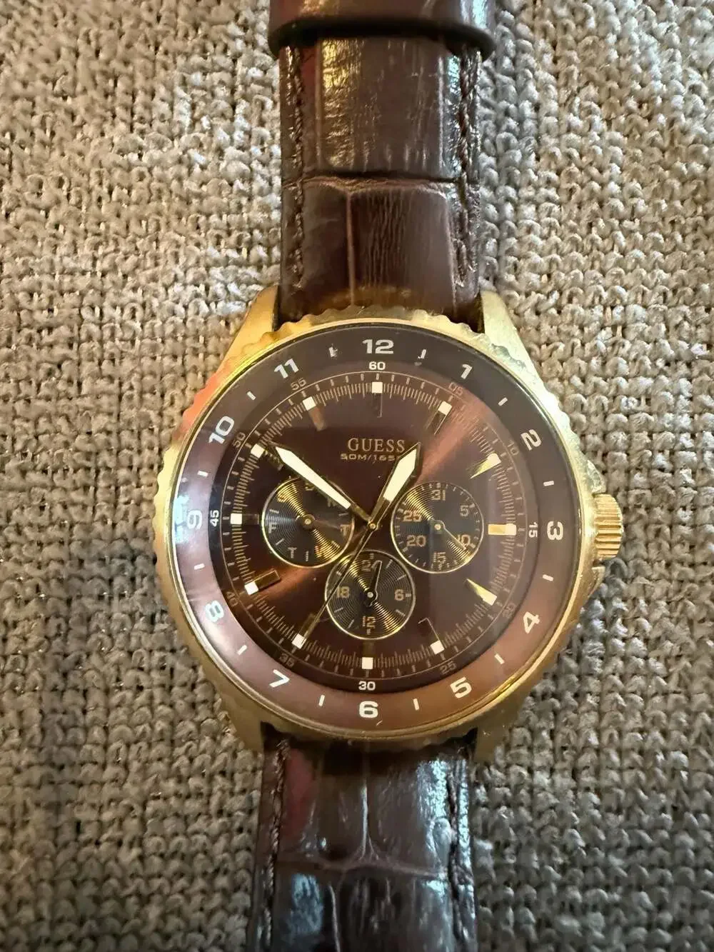 Guess Gold-Tone Brown Multifunction Chronograph Watch with Leather Strap